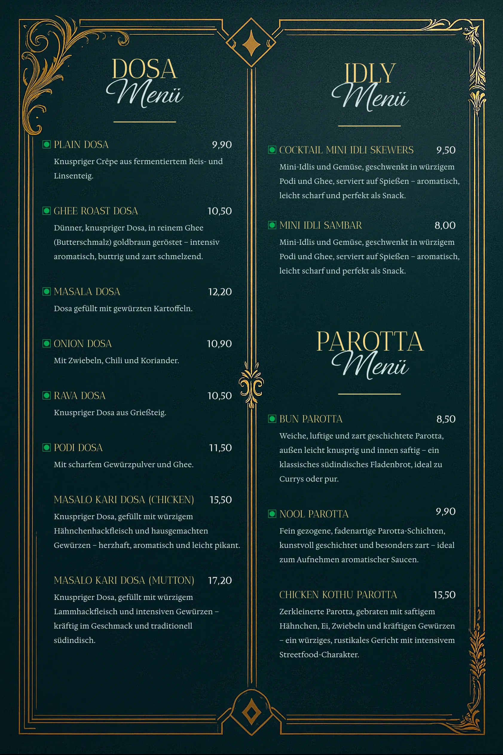 Dosa, Idly and Parotta menu card
